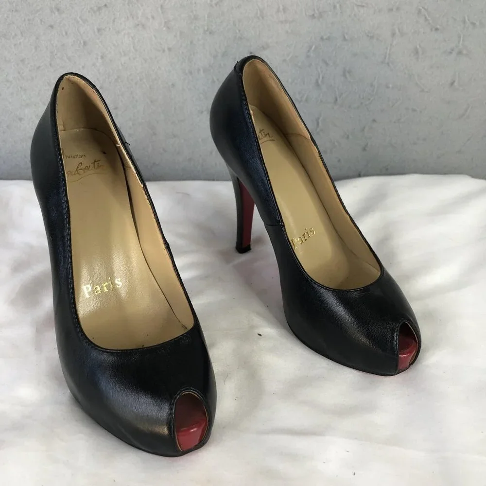 Christian Louboutin Shoes Womens Size 35 Black Peep Toe Pumps Red Sole Italy - Picture 1 of 16